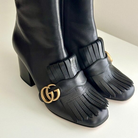 GUCCI Black Leather GG Marmont Fringe Block Heel Ankle Boots Booties Size 38 - Picture 1 of 14